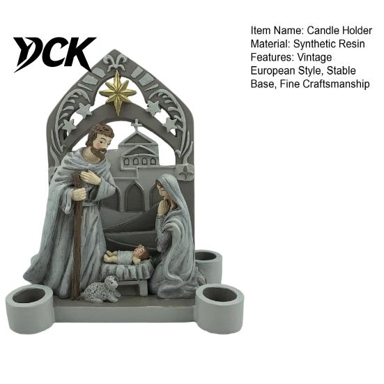 Resin Holy Family Ornaments Christmas Nativity Scene Candle Holder, Manger Figurine with 4 Seasonal Atmosphere Accessories Slots, Vintage Candlestick