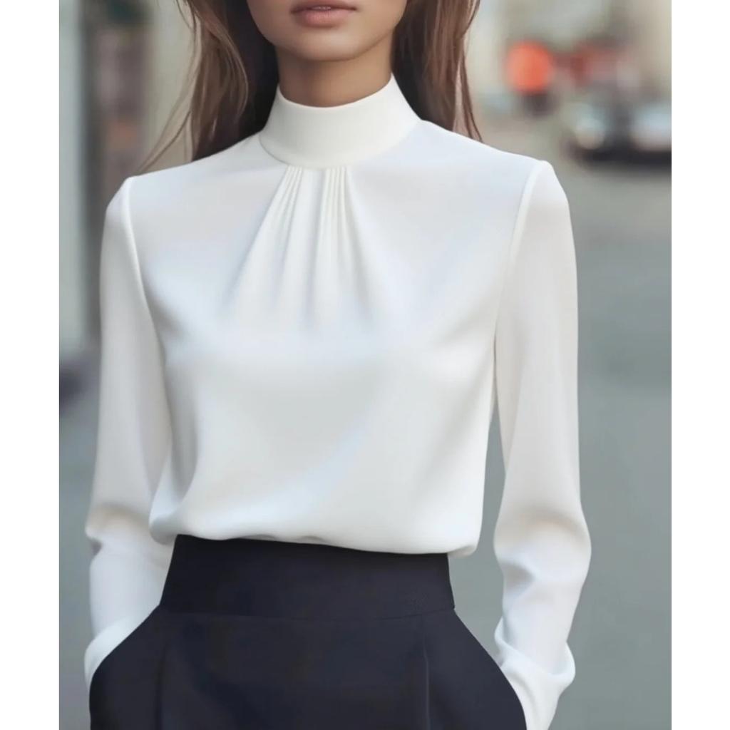 Women's Satin Shirt with Stand Up Collar and Pleated Long Sleeved Top, Elegant and Slimming Shirt for Commuting In The Workplace