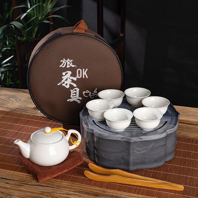 Portable Ceramic Kung Fu Tea Set with Tray, Cups, Teapot, and Lid Bowl