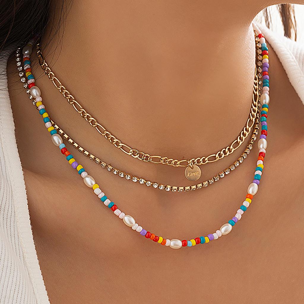 Jewelry, Claw Chain Metal Letter Sequined Item, Ethnic Color Rice Bead Imitation Pearl Multi-Layer Necklace