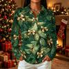 Women's Casual Christmas Print Long Sleeve Button Down Shirt with Lapel Collar and Side Slits