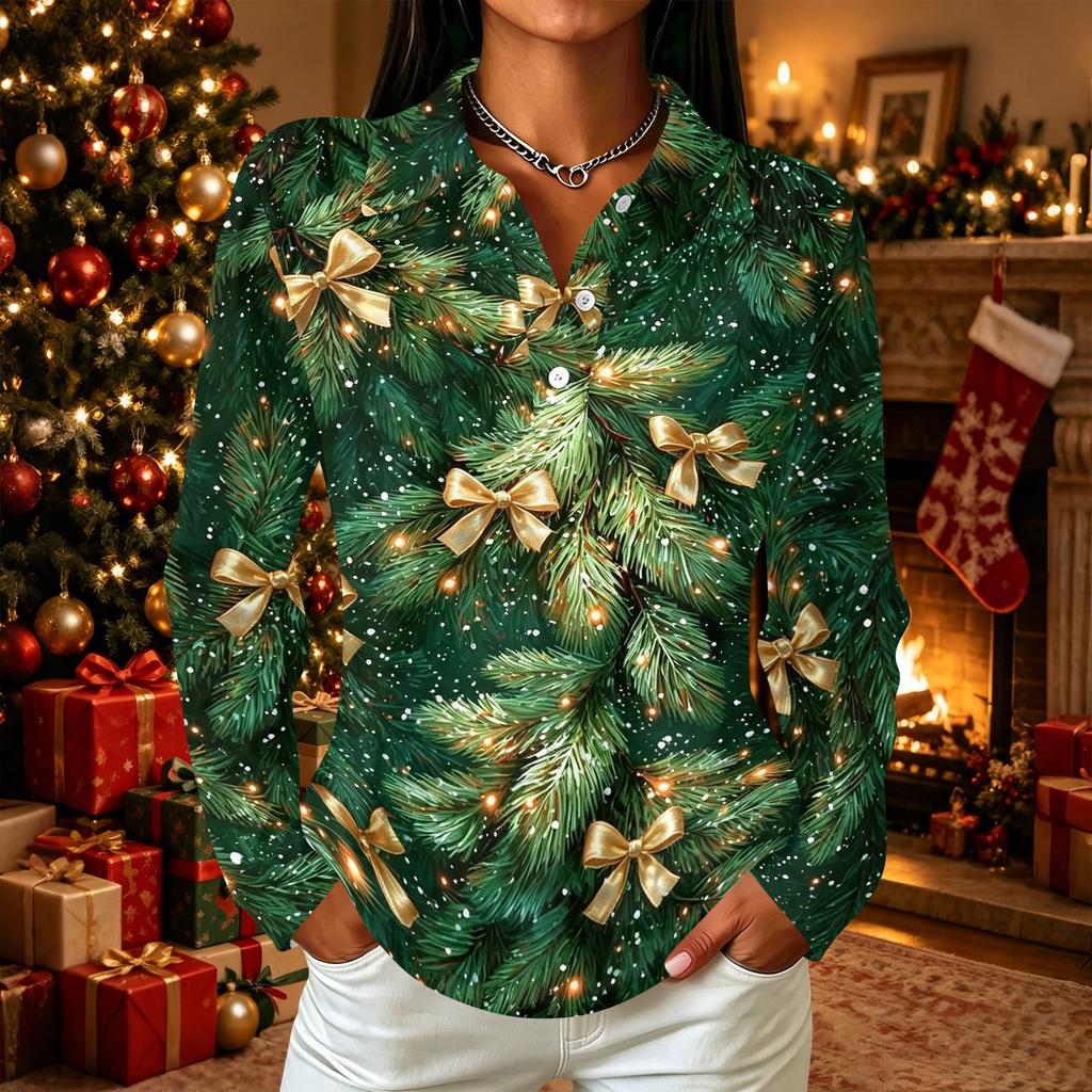 Women's Casual Christmas Print Long Sleeve Button Down Shirt with Lapel Collar and Side Slits