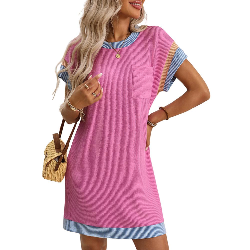 Women's Summer Casual Color Contrasting Twisted Strip Short Sleeve Pocket Dress