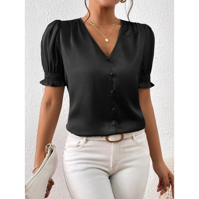 

Атласная рубашка с V-образным вырезом на пуговицах для весны и осени, повседневная рубашка с короткими рукавами и оборками по краям, блузки и рубашки L чёрный