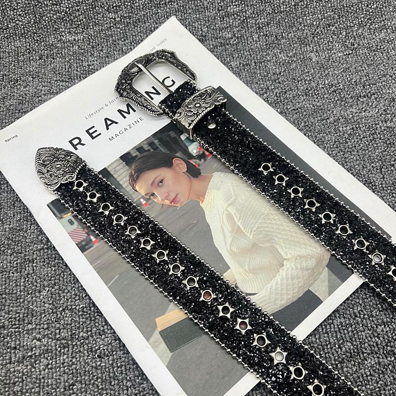 Hollow Star Sequin Pattern Belt Women's Black Belt Design Belt