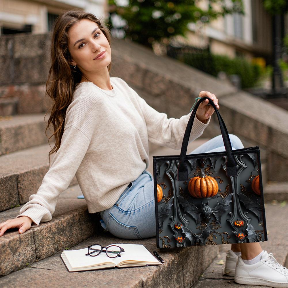 Halloween Gothic Pumpkin Bat Pattern Tote Bag Fashion Durable Daily Use Shopping Shoulder Handbag