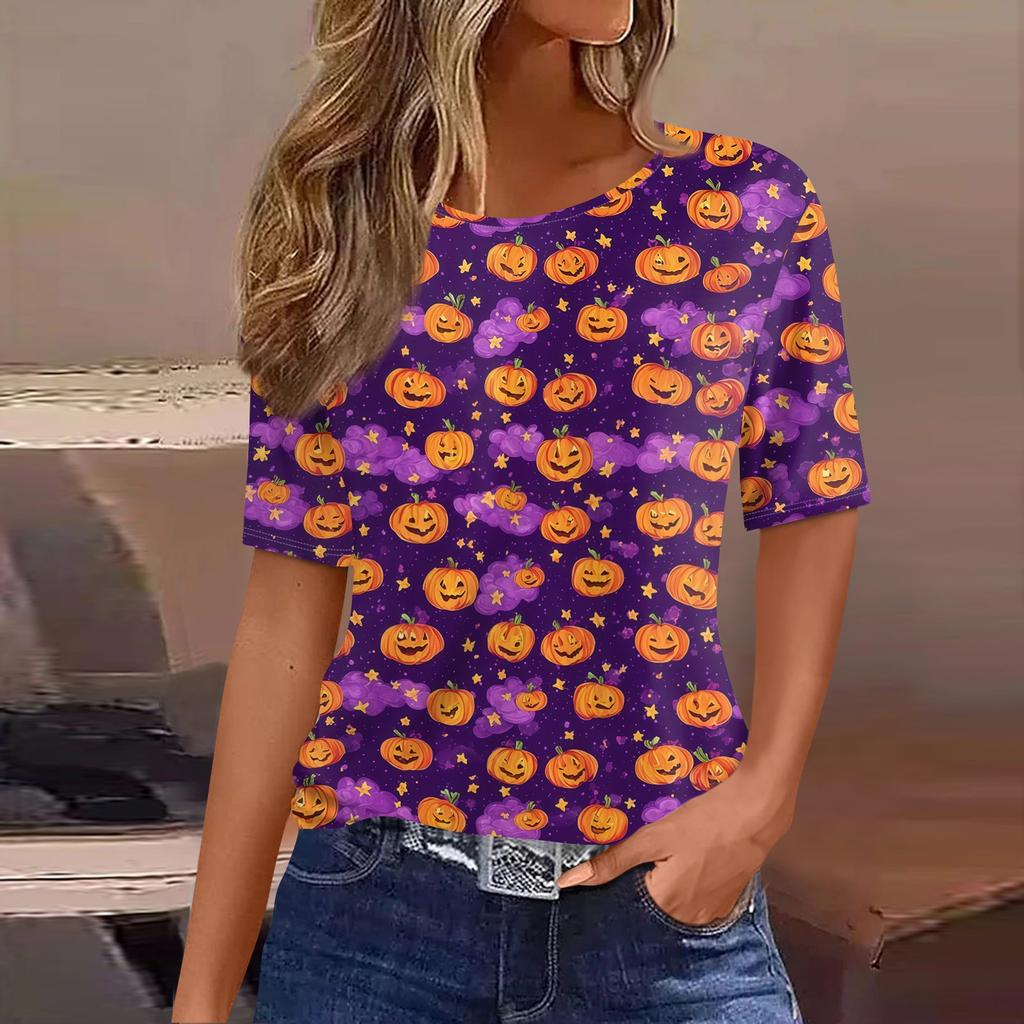 Womens Casual Short Sleeve Pullover Top Halloween Ghost Print Round Neck Relaxed Fit Tee Shirt