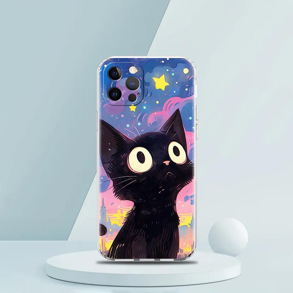 Artistic Black Cat Starry Night Luxury Phone Case For iPhone 16 15 14 13 12 11 Pro Max XS X XR SE 7 8 Plus Silicone Clear Cover