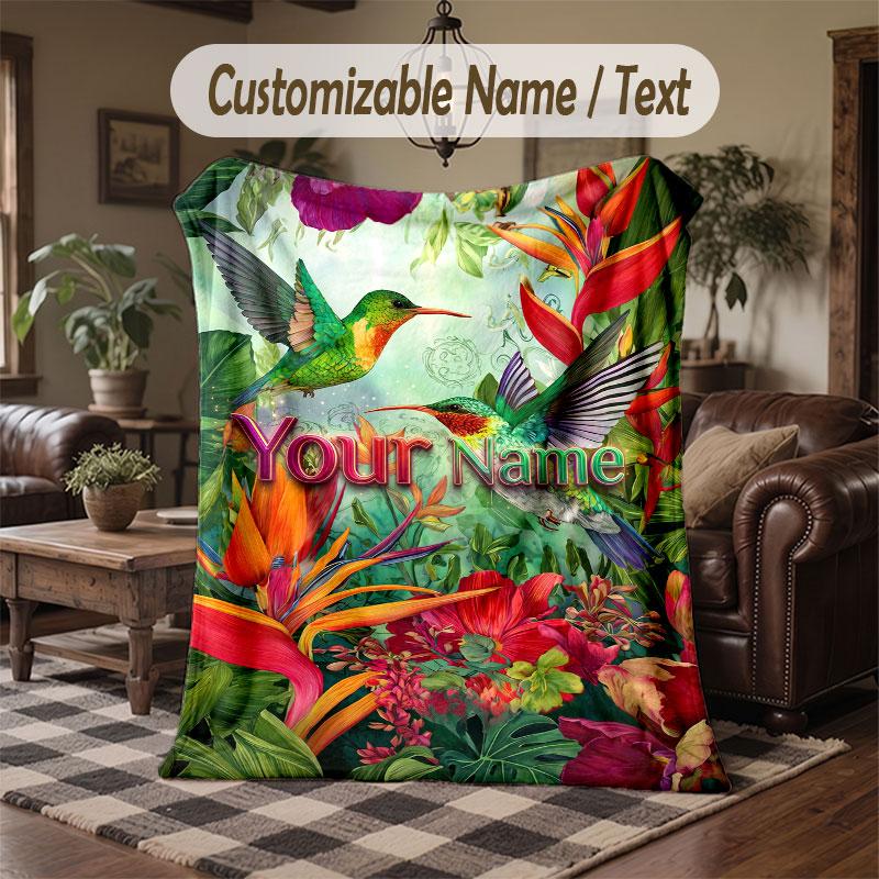 Birds Theme Throw Blanket Custom Name Text Personalized Blanket Soft Cozy Blanket for Home Sofa Bed