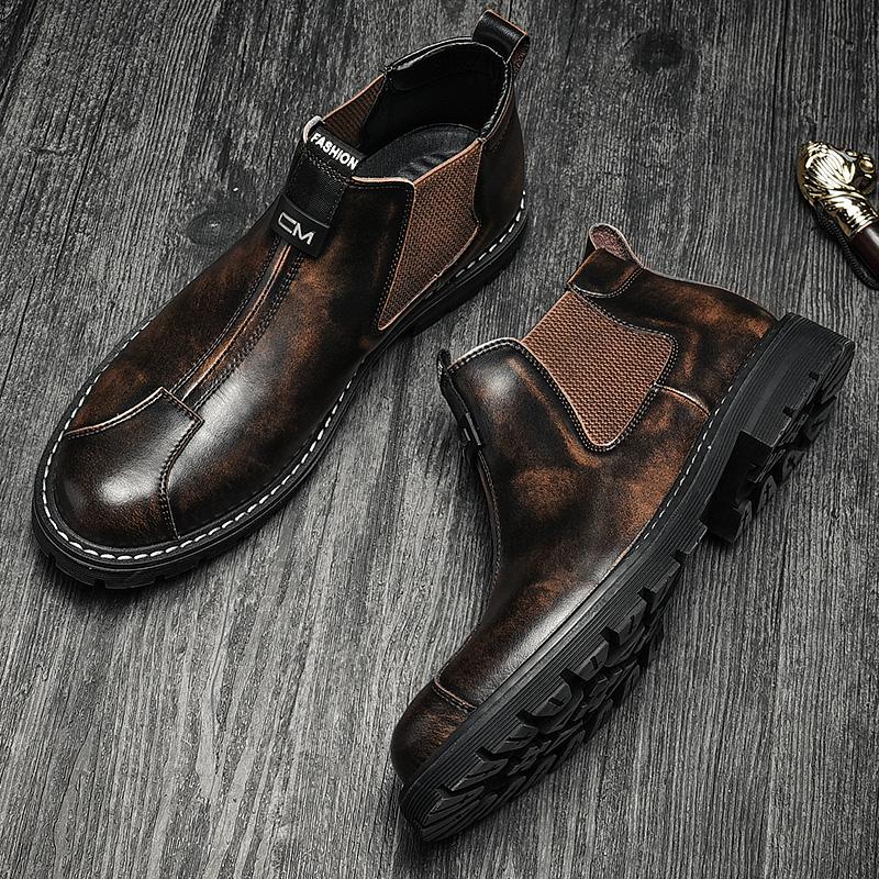 Fashion Leather Ankle Boots Man Casual Loafers Luxury Design Slip On Male Dress Boots Leisure Style Big Size Outdoor Wear-resistant Sole