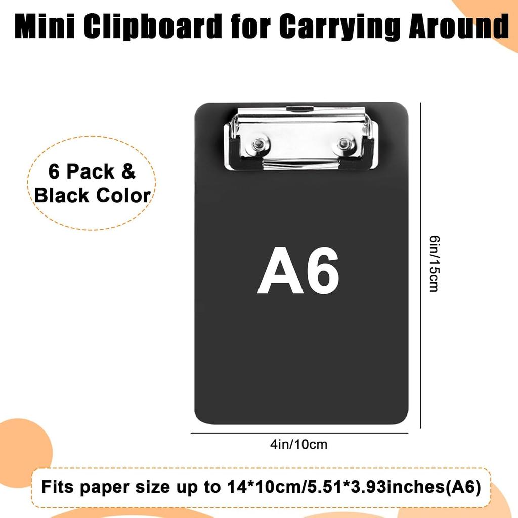 6 Pack Mini Clipboards Black, Small Clipboards 4x6in, A6 Letter Size Small Plastic Clipboard Pocket Clipboard with Clips, Memo Size Notepads, Tiny