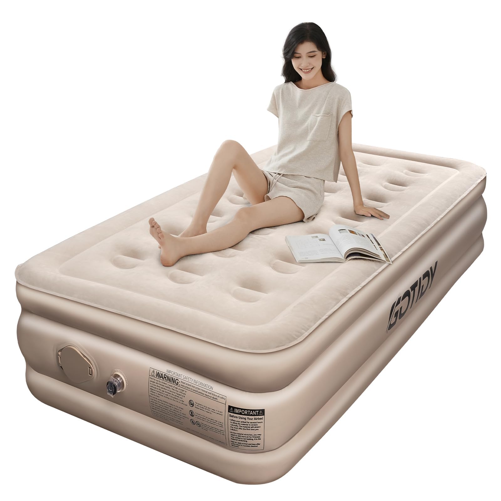 

GOTIDY Односпальный электрический надувной кемпинговый матрас, грузоподъемность 300 кг, удобный, идеально подходит для гостевой кровати, кровати, перезаряжаемый, вместимость, для сна, бежевый