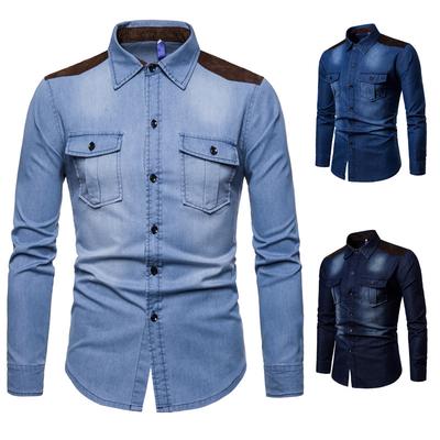 Autumn Men's Color Matching Washed Denim Long-sleeved Shirt Casual Shirt