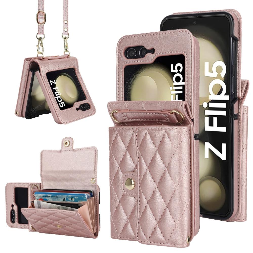 

For Samsung Galaxy Z Flip5 5G PU Leather Coated PC Phone Case Card Slots Protective Cover Rose Gold