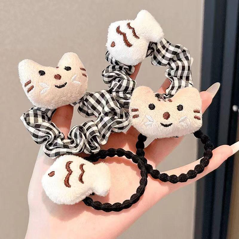 Autumn & Winter Cute Cat Eating Fish Doll Plaid Headband & Cartoon Hair Rope Accessories