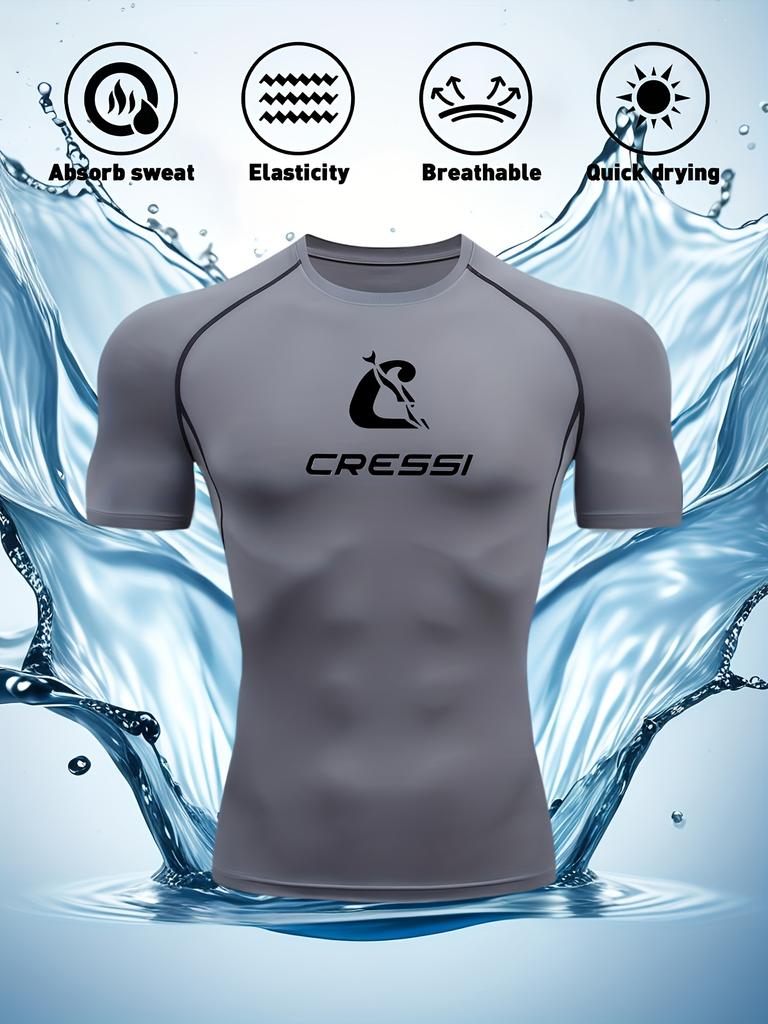 Herren Kompressionsshirt Schnelltrocknend Marineblau Fitnessstudio T-Shirt "Cressi" Aufdruck Workout Sportbekleidung