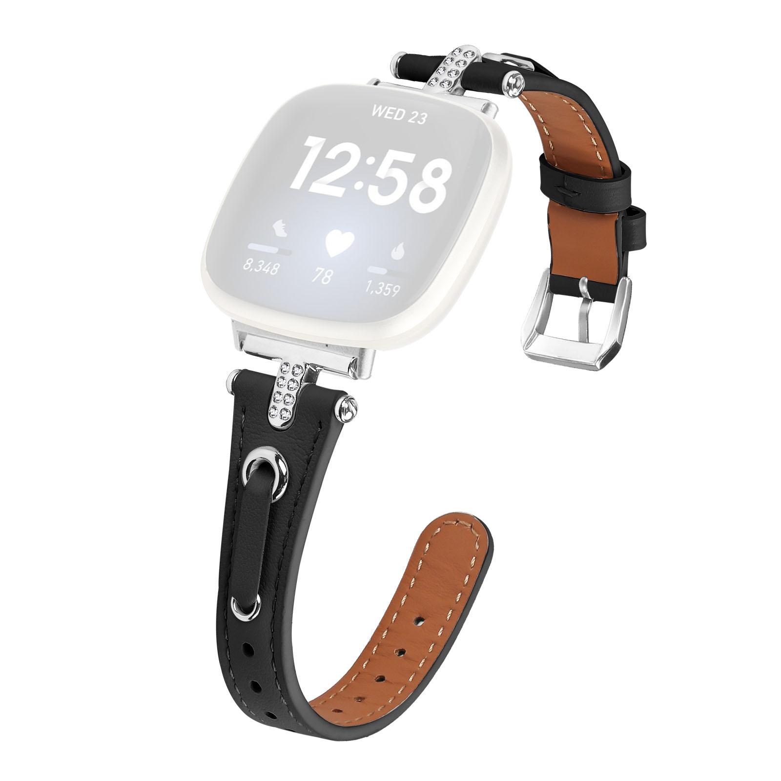 

For Fitbit Versa 4/Sense 2 Genuine Cow Leather Strap Rhinestone Watch Wrist Band (Silver Buckle) Black