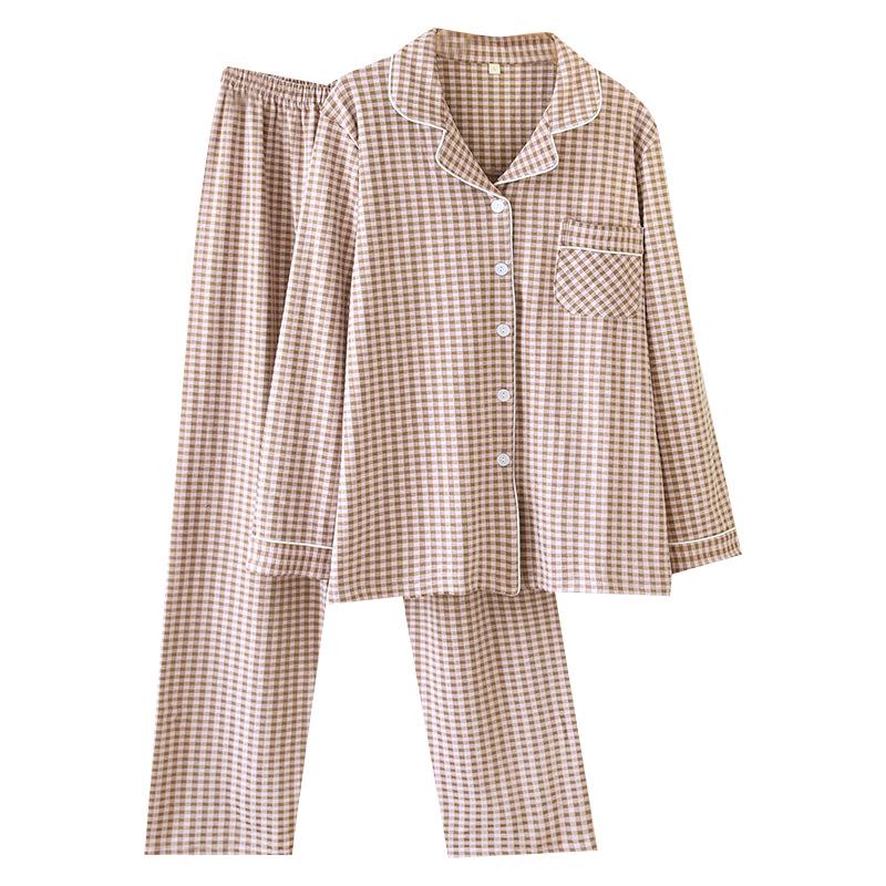 De Velvet Couple's Autumn/Winter Pajama Set: Women's Simple Check Long Sleeve & Men's Loose Casual Home Wear, Also Suitable for Spring Outdoor Wear