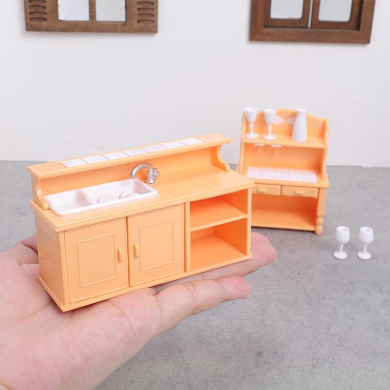 1 Set Dollhouse Kitchen Furniture Kit 1:12 Scale Sink Cabinet With Wine Glasses Dollhouse Accessory For Kids Pretend Play