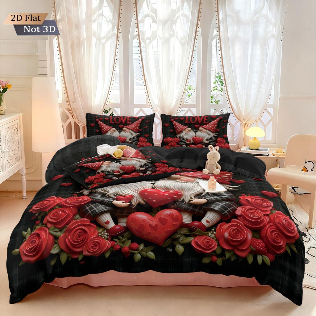 3-teiliges Romantisches Valentinstag Rote Rose Goblin-Druck kernloses Bettbezug-Set Mehrere Größen Schlafzimmer-Bettwäsche Feiertagsdekoration