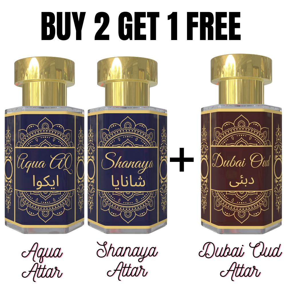 Shanaya & Aqua Attar s bezplatným Black Musk Attar – Svěží a hluboká kombinace vůní | Unisex roll-on parfémové oleje bez alkoholu | 3 x 6 ml