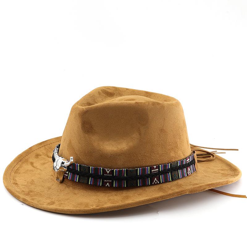 Western cowboy style felt hat tibetan style hat cow head accessories fall and winter jazz hat suede hat M（56-58cm） хаки