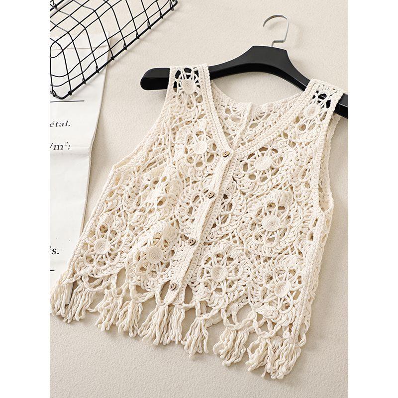 Korean Style Summer New V-neck Small Crochet Hollow Tassel Vest Knit Vest Waistcoat Short Cardigan Women