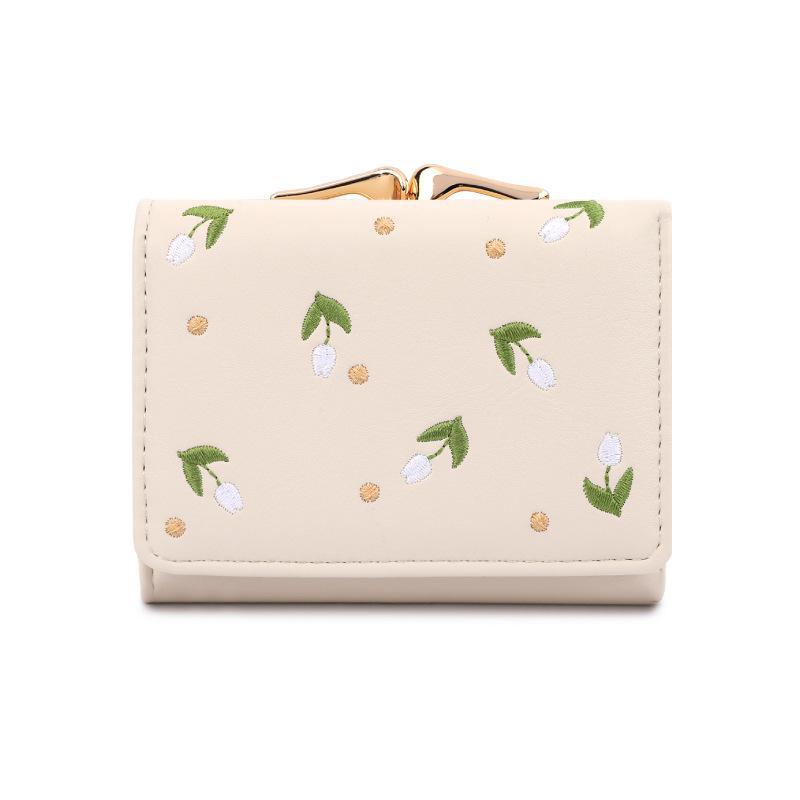 

Женский высококачественный кошелек тройного сложения из полиуретана с вышивкой, отделениями для карт и зажимом для монет покинуть белый