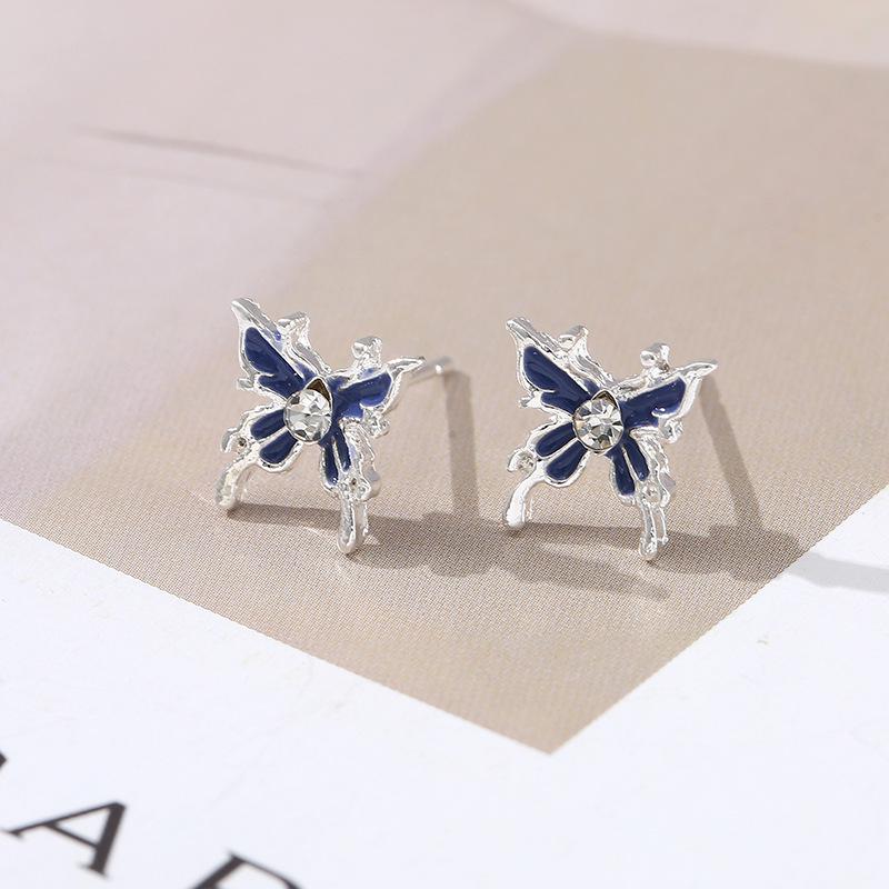 Korean Fashion Butterfly Rhinestone Stud Earrings - Elegant and Trendy синий