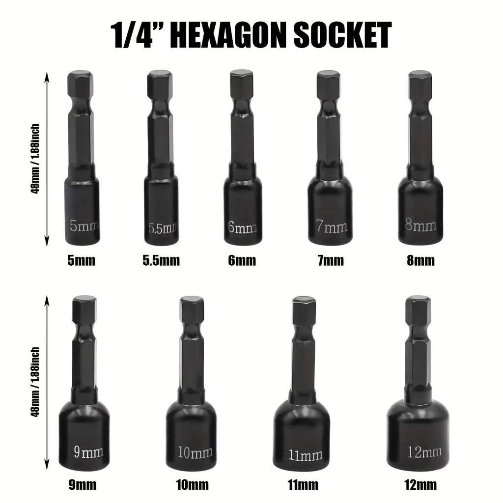 9pcs Electronic Hex Key Socket Set with 1/4 Inch Hex Shank Power Nut Driver Set Metric Hex Socket Drill Bits Chuck Adapter