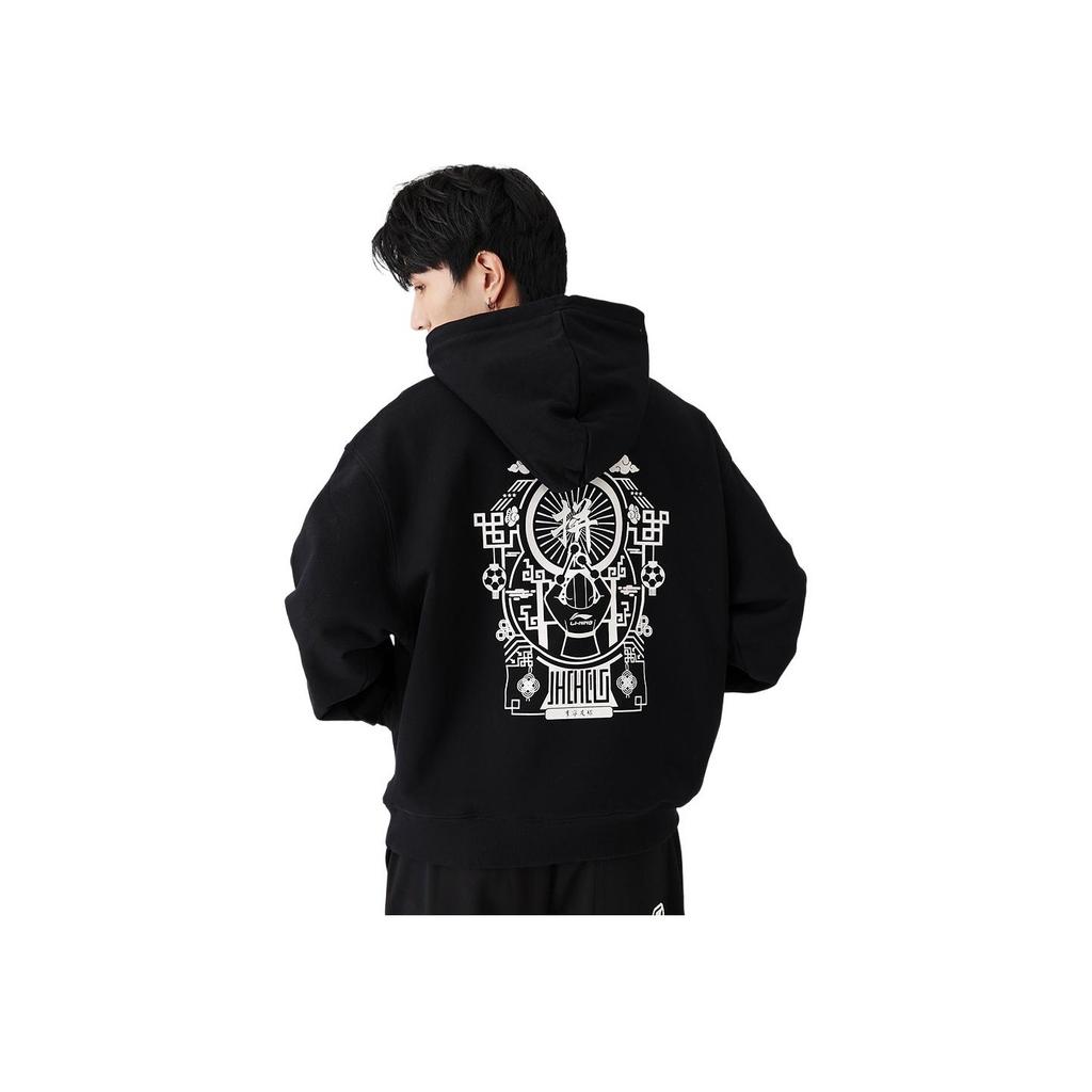Li Ning Loose Fashion Pattern Printed Embroidered Logo Sports Casual Warm Pullover Long Sleeve Hoodie Unisex Hoodies Black AWDR299-3