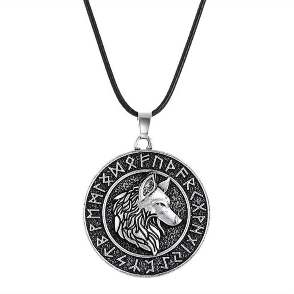 Men Fashion Vintage Silver Norse Viking Letters Wolf&Vegvisir Rune Amulet Alloy Pendant Necklace