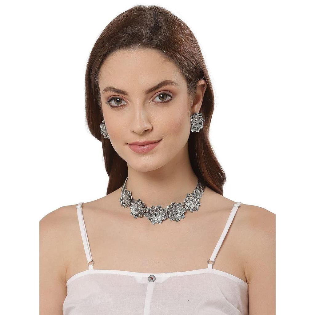 Shining Diva Fashion Latest Stylish Traditional Oxidised Silver Necklace Jewellery Set for Women