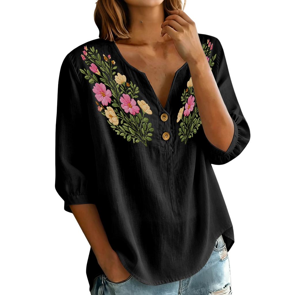 Women Floral Pattern Henley Button Neck Shirt Three Quarter Sleeve Casual Cotton Linen Blouse Lightweight Breathable Top