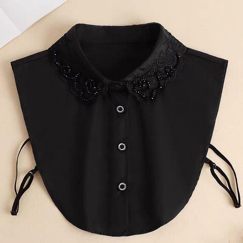 Women's Handmade Beads Floral Shirt Detachable Pointed Neck Fake Collar Neckwear Ties Half Shirt Style Cotton Fake Collar