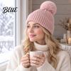 Cozy Fleece Lined Thick Cuffed with Fluffy Knitted Hat Style Winter Fur Ball Warm Cap
