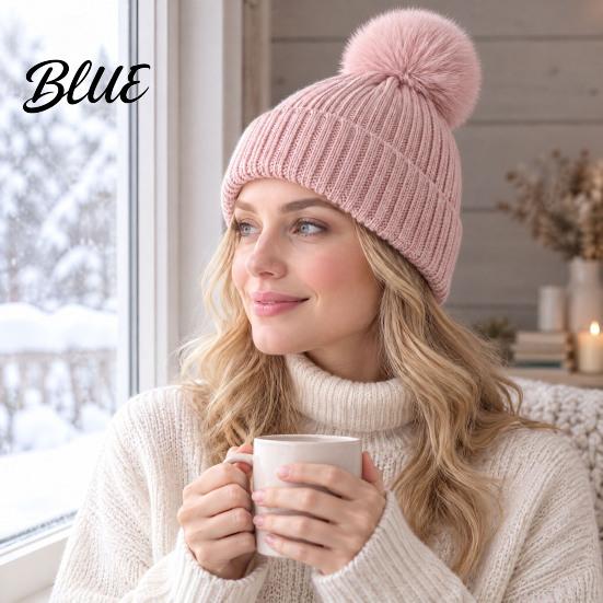 Cozy Fleece Lined Thick Cuffed with Fluffy Knitted Hat Style Winter Fur Ball Warm Cap