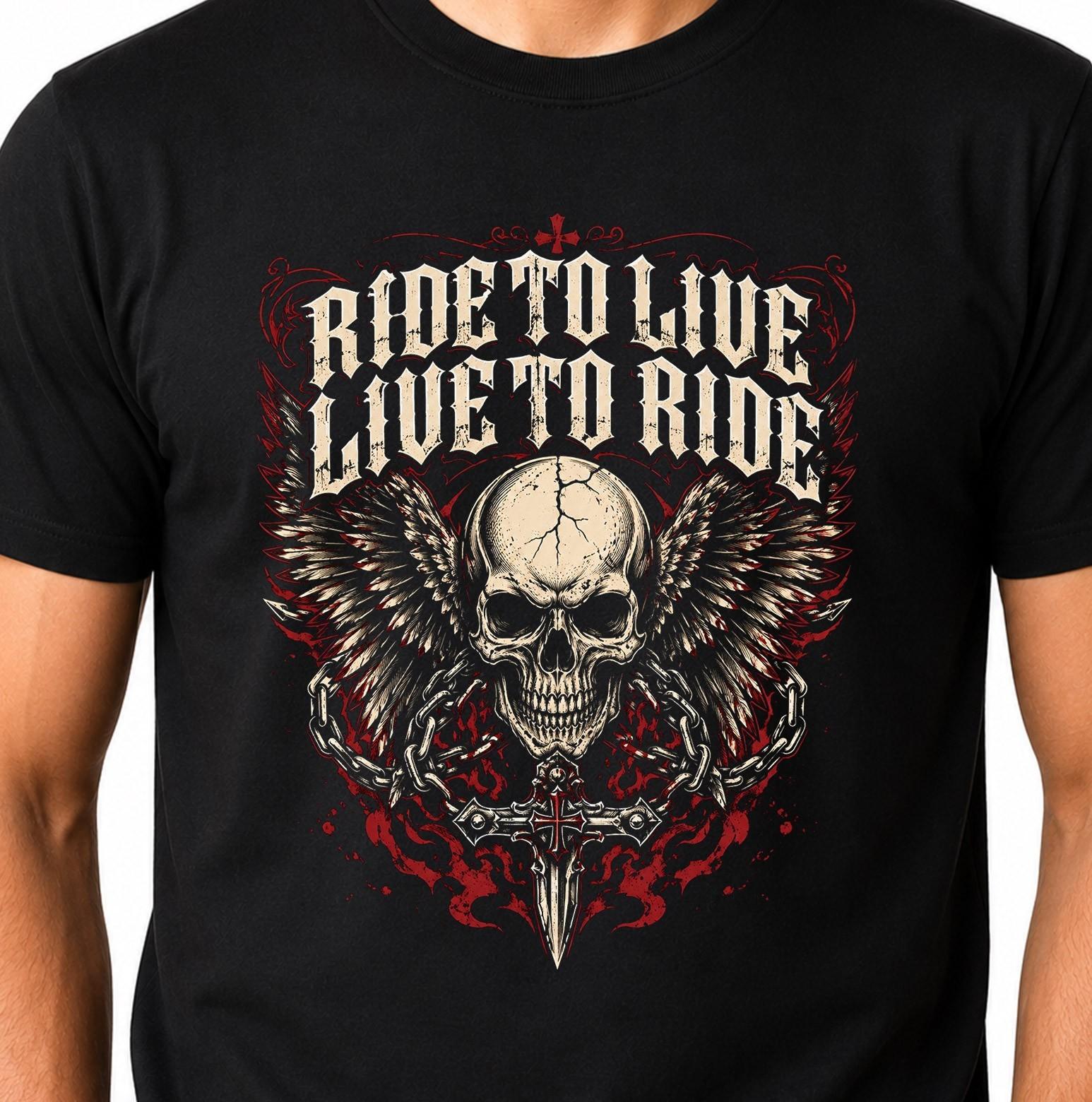 Skull Wings T-Shirt Ride To Live Biker Motorcycle Gothic Cross Graphic Tee. L