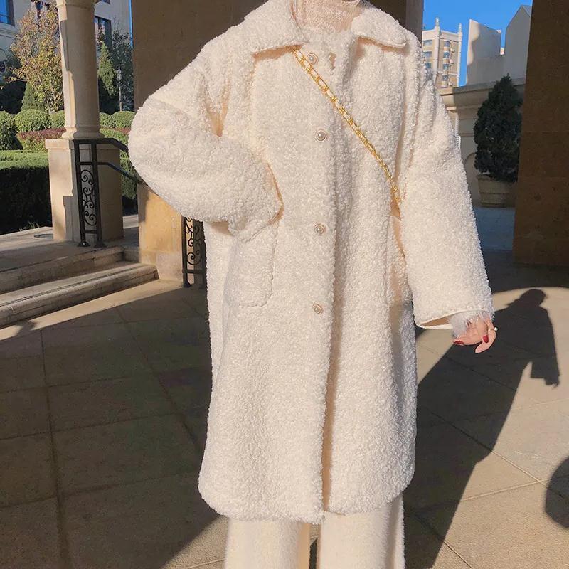 Dámská podzimní/zimní jednobarevná zimní hřejivá bunda s imitací jehněčí vlny, korejská volná a sametová dlouhá mikina s kapucí