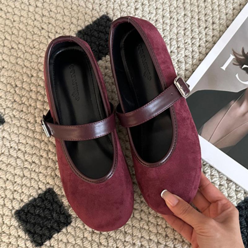 Women's Low Heel Shoes Spring New Round Head Shallow Mouth Suede Metal Buckle Soft Sole Anti-slip Wear-resistant Low Top Shoes