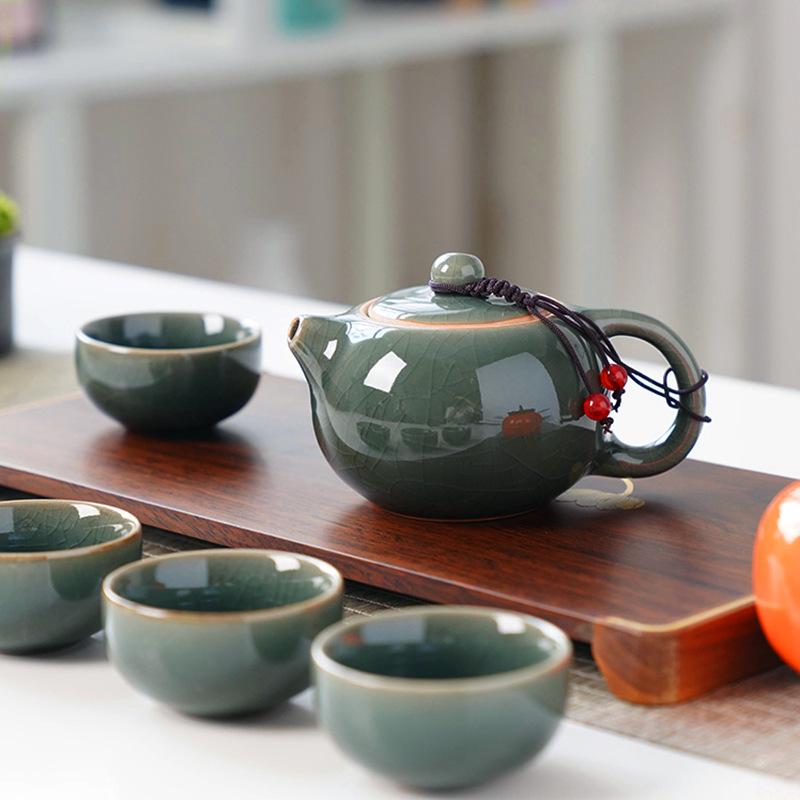 Ge kiln dense kiln kung fu tea set, one pot and four cups gift box, business souvenir for customers