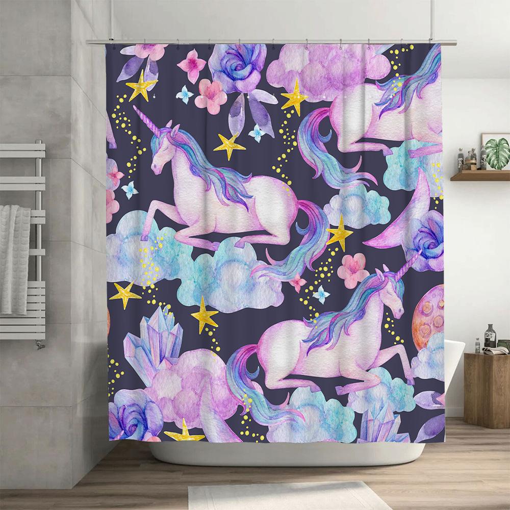 Colorful Unicorn Shower Curtain Fantasy Clouds Crystals Decorative Waterproof Bath Rug Tarp for Kids Girls Bathroom Accessories