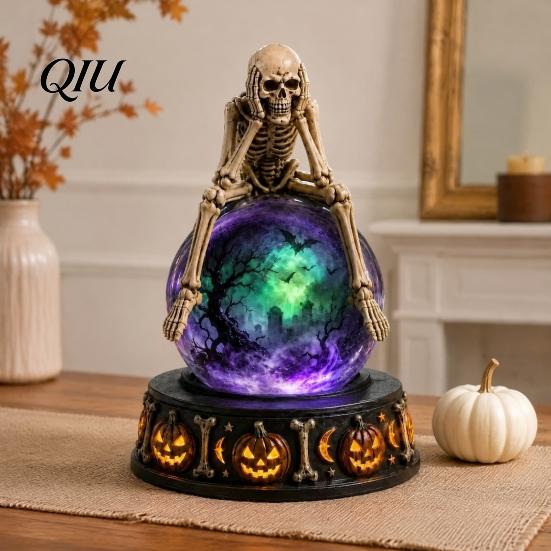 Decorative Window Ornament LED Lighted Halloween Faux Crystal Ball Decoration, Resin Witch/Skeleton/Cat/Ghost Figurine with Detailed Claw Bone