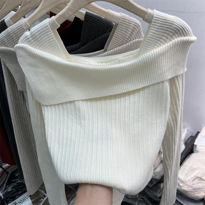 One-word shoulder top women's spring irregular slim-fit Spice Girls knitted sweater niche chic bottoming shirt