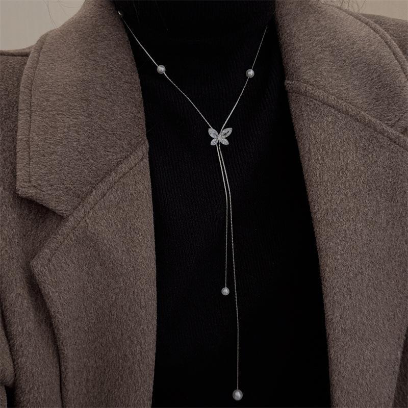 Zircon 2026 Starry Sky Butterfly Pearl Necklace for Women - Light Luxury High-End Choker