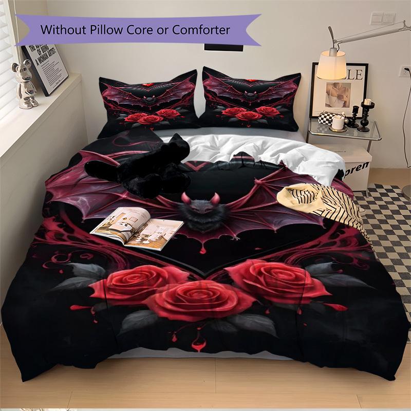 3pcs Bat Heart Roses Duvet Cover Set - Includes 1 Duvet Cover and 2 Pillowcases, No Quilt Core, All-Season Home Decor yy251111086