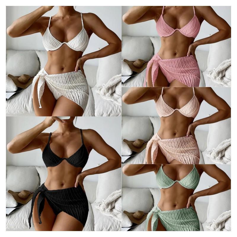 2025 Sexy Three-Piece Bikini Swimsuit with Mesh Skirt for Women