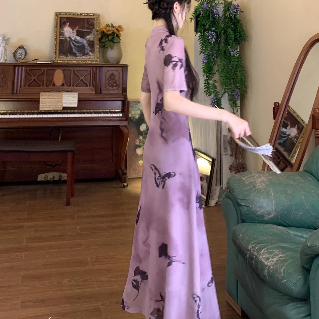 Summer large size new Chinese cheongsam printed dress, national style temperament design sense, niche and thin purple long skirt