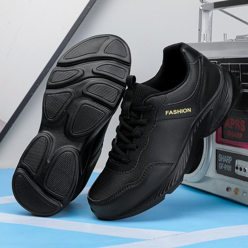 All Black Sports Shoes, Waterproof Casual Shoes with Leather Surface, Not Tired After Standing for a Long Time, Soft-soled Non-slip Running Shoes