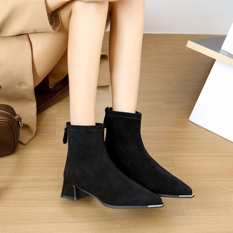 Coarse Heel Pointed Short Boots Women's 2025 Autumn New Fashion Versatile Thin Boots Elastic Suede High Heel Martin Boots